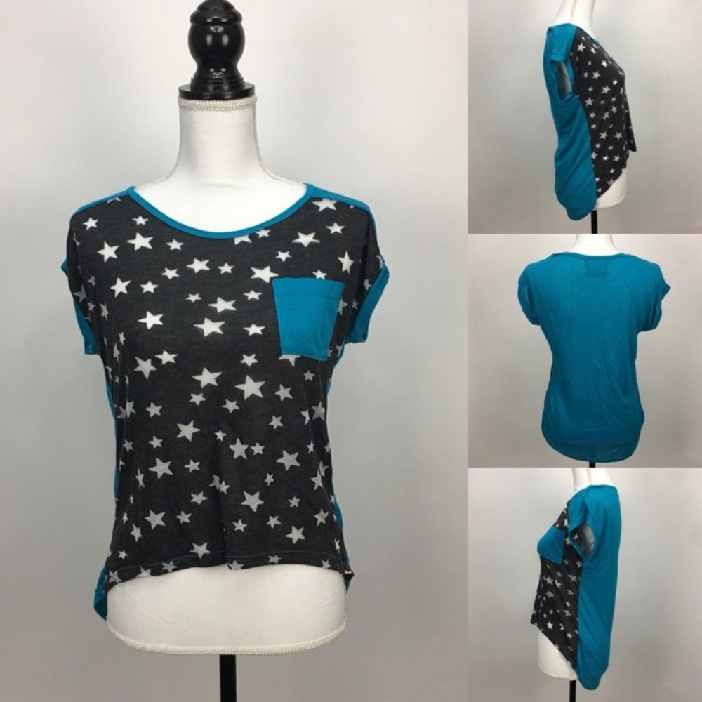 Thin Cropped Belly Shirt Teal Gray w White Stars